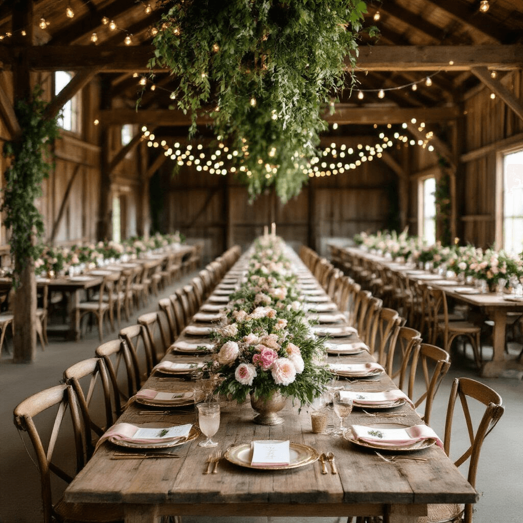 Henry Gamble's Birthday Party: A Subtle Exploration of Faith, Identity, and Adolescence A rustic barn wedding reception featuring exposed wooden beams decorated with greenery and string lights, long farm tables with mismatched chairs, elegant place settings with gold-rimmed chargers and blush napkins, lush floral centerpieces in weathered containers, and a dessert display with pies and a naked cake topped with fresh figs and berries.