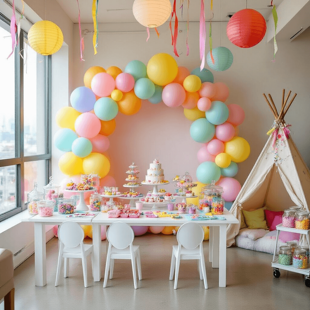 Henry Gamble's Birthday Party: A Subtle Exploration of Faith, Identity, and Adolescence A vibrant children's birthday party in a modern apartment, featuring oversized pastel balloons, a dessert table with rainbow treats, low tables with craft supplies, a cozy teepee with fairy lights, and colorful paper lanterns hanging above.