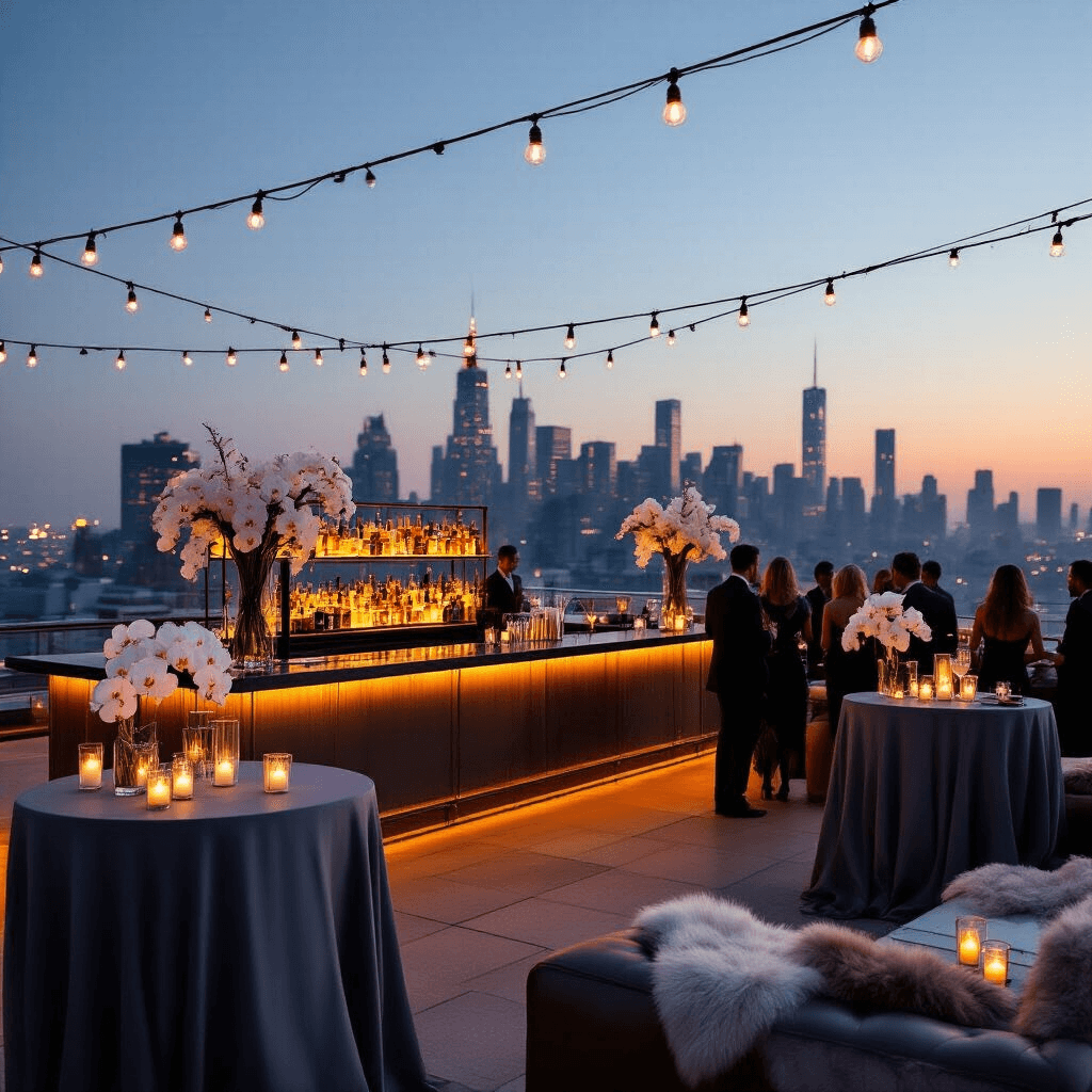 Henry Gamble's Birthday Party: A Subtle Exploration of Faith, Identity, and Adolescence An elegant rooftop cocktail party at twilight, featuring sleek high-top tables with grey linens and white orchid arrangements, a glowing bar with artisanal cocktails, leather lounge furniture with faux fur throws, flickering candles, and string lights overhead, with well-dressed guests mingling against a city skyline.