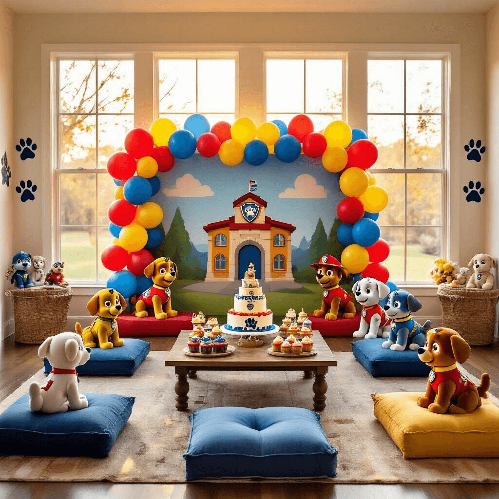 Creating the Ultimate PAW Patrol Balloon Bash: A Parent's Dream Guide A cozy indoor PAW Patrol celebration featuring a themed Adventure Bay backdrop, colorful balloons, plush seating, a Marshall-shaped cake, cupcakes, paw print decals, and soft toy pups, all bathed in warm golden hour light.