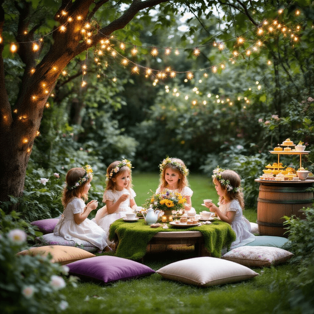 Ultimate Guide to Throwing an Epic 6-Year-Old's Birthday Bash: Creative Ideas That'll Make Memories Sparkle! An enchanting garden party at dusk, featuring fairy lights strung between trees, low tables with moss runners and wildflower arrangements, jewel-toned silk cushions, a dessert cart with woodland-themed treats, children in flower crowns sipping tea, and a wishing well made from a barrel, all bathed in a magical glow amid lush greenery.