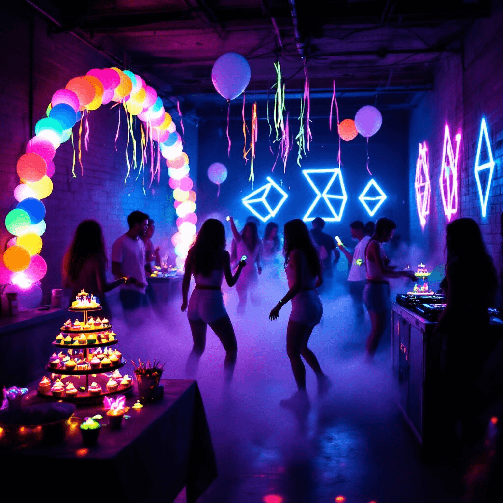 13 Epic Birthday Party Ideas for Girls That Will Blow Their Minds! A vibrant glow-in-the-dark party in a dim basement, featuring fluorescent decorations like balloon arches and neon streamers. Teens in white clothing dance amidst swirling fog, illuminated by glow sticks, as a DJ booth pulses with colorful LED lights. A dessert table displays glowing cupcakes and a tiered birthday cake with light-up decorations. The scene is captured from a low angle, highlighting the energetic atmosphere, silhouettes of partygoers, and the striking contrast between darkness and vivid colors.