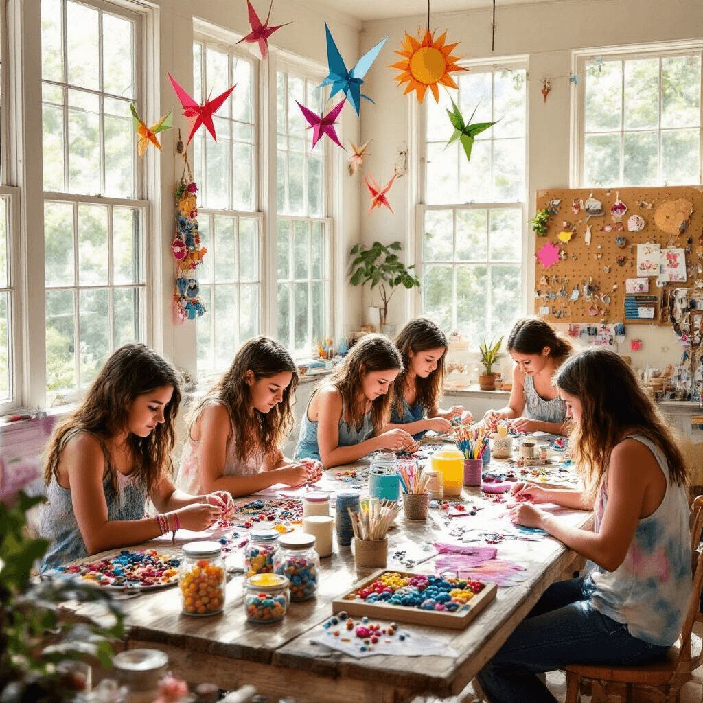 13 Epic Birthday Party Ideas for Girls That Will Blow Their Minds! A vibrant sunroom scene filled with teens engaged in various crafts, including jewelry making, candle crafting, and tie-dye, surrounded by colorful supplies and hanging origami garlands, all illuminated by natural light streaming through large windows.