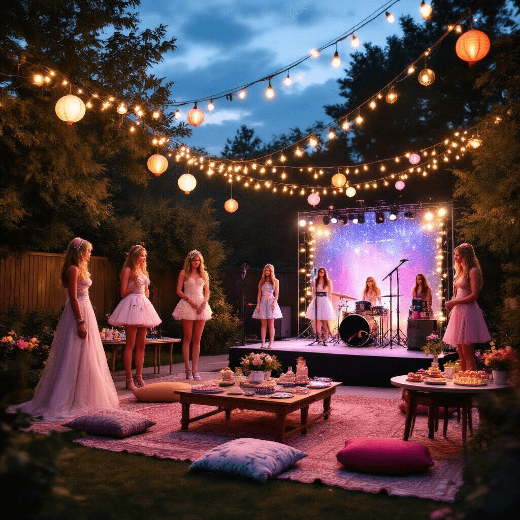 13 Epic Birthday Party Ideas for Girls That Will Blow Their Minds! A wide shot of a Taylor Swift-themed backyard celebration at dusk, featuring fairy lights and lanterns overhead, multiple 'era' costume stations, a sparkling karaoke stage, friendship bracelet making at low tables with cushions, and a towering cake resembling album covers, all set in a magical twilight atmosphere with excited guests.