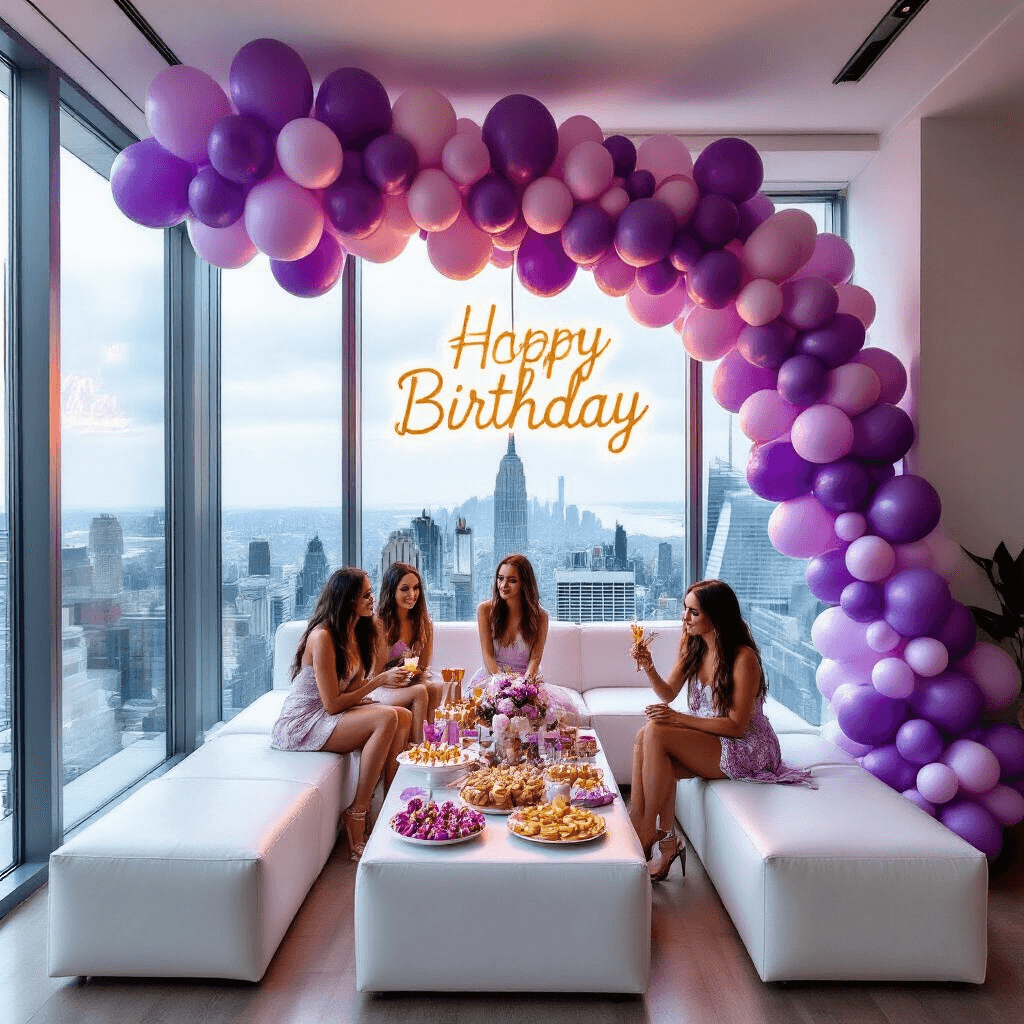 13 Epic Birthday Party Ideas for Girls That Will Blow Their Minds! A high-angle view of a modern birthday celebration in a stylish apartment, featuring an ombré purple balloon installation, a custom neon sign, modular white leather seating, a table of colorful snacks and mocktails, and a flower wall with the birthday girl's name in gold script, as teens pose for selfies with props and ring lights against a backdrop of stunning city views through floor-to-ceiling windows.