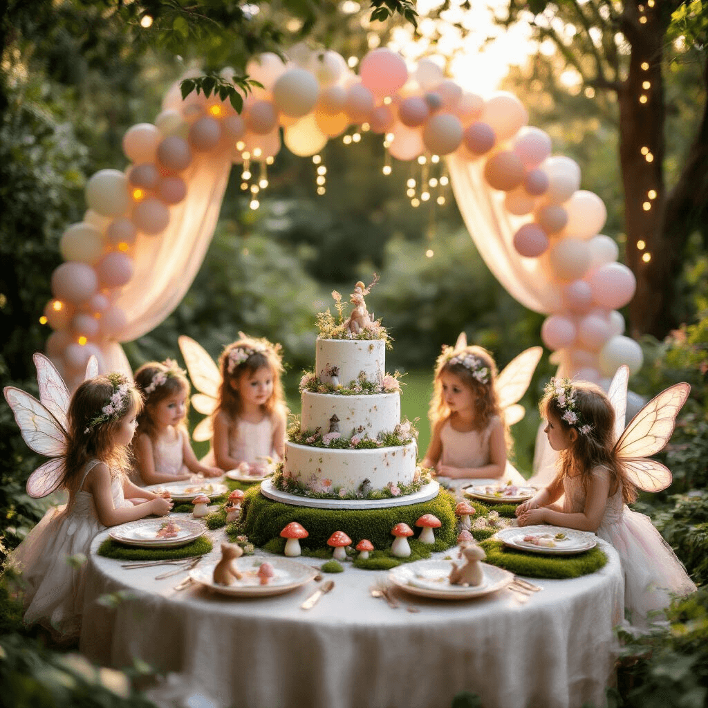 Ultimate Guide to Kids Birthday Party Packages: Creating Memorable Celebrations A whimsical fairy garden birthday party in a lush backyard at golden hour, featuring twinkling fairy lights, pastel balloon arches, round tables with moss runners and floral centerpieces, and young guests in shimmering wings around an ornate tiered cake adorned with edible flowers and miniature toadstools, all softly focused with sunlight filtering through drapes from tree branches.