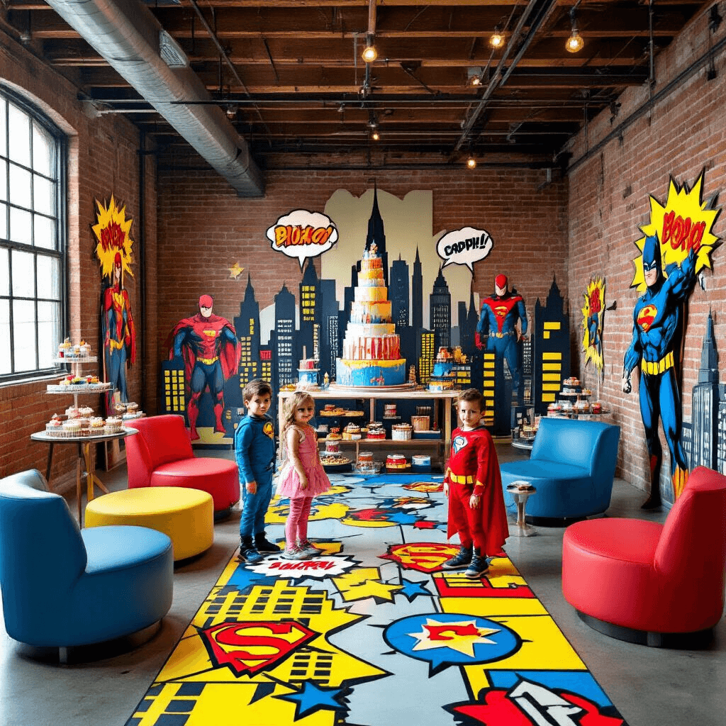 Ultimate Guide to Kids Birthday Party Packages: Creating Memorable Celebrations Aerial view of a vibrant Superhero Adventure party in a warehouse, showcasing colorful comic book floor decals, modern furniture, hero cutouts on brick walls, and a dessert table with a skyline cake and themed treats. Costumed children pose with cardboard cityscapes and speech bubbles for photos.