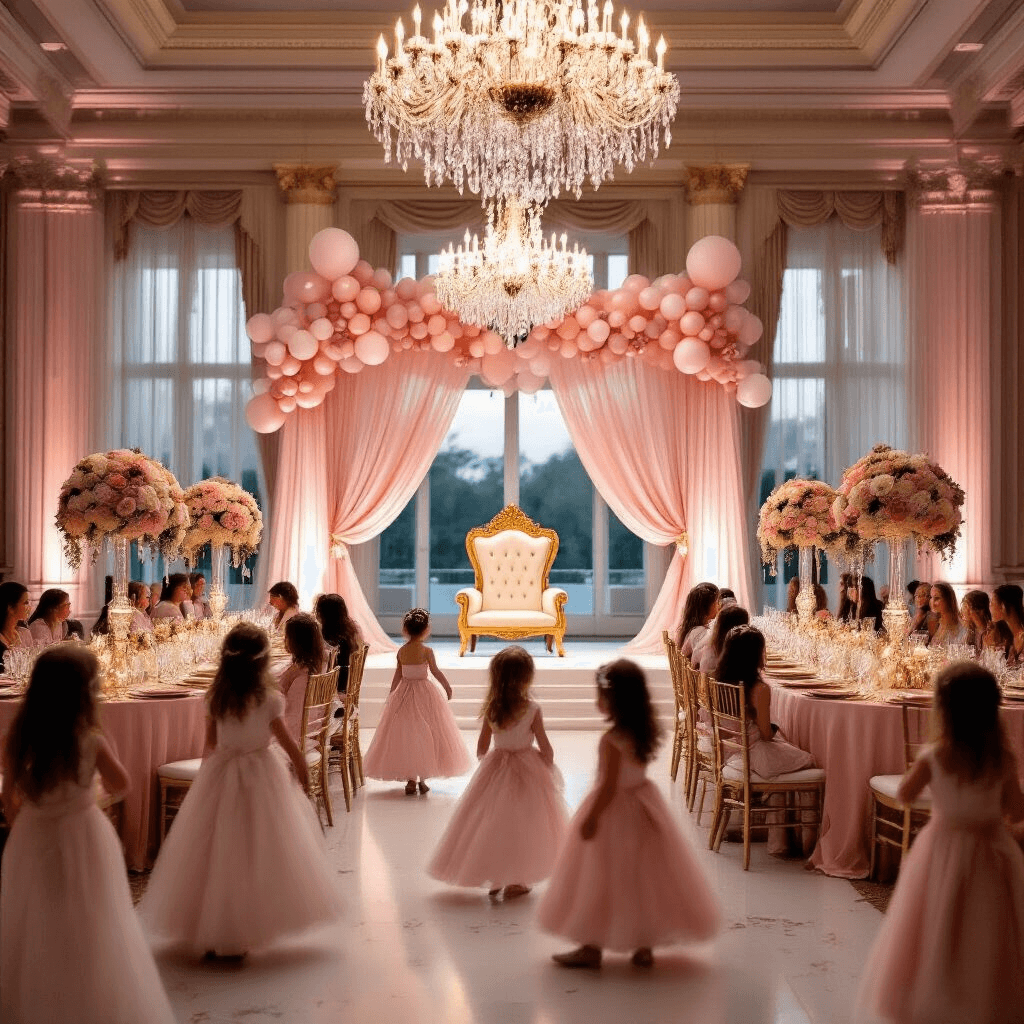 Ultimate Guide to Kids Birthday Party Packages: Creating Memorable Celebrations An opulent ballroom filled with young guests in tiaras and gowns dancing joyfully, illuminated by warm light from crystal chandeliers. Long tables draped in blush pink silk feature gold-rimmed place settings and tall floral arrangements. A throne-like chair stands prominently, surrounded by tulle-draped columns and cascading pastel balloon garlands.