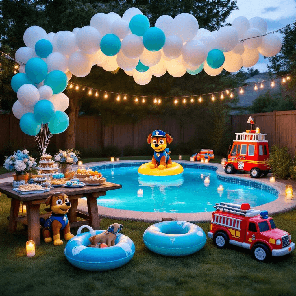 Creating the Ultimate PAW Patrol Balloon Bash: A Parent's Dream Guide A vibrant PAW Patrol pool party at dusk, featuring glowing fairy lights and floating candles, with blue and teal balloon bouquets lining the pool's edge. A 'Zuma' character balloon floats in the water, while a rustic table displays nautical snacks and a lifeguard tower cake. Inflatable rescue vehicles are scattered on the lawn, and a DIY photo booth features a painted cardboard fire truck under a canopy of white balloons, with Chase's badge projected above.