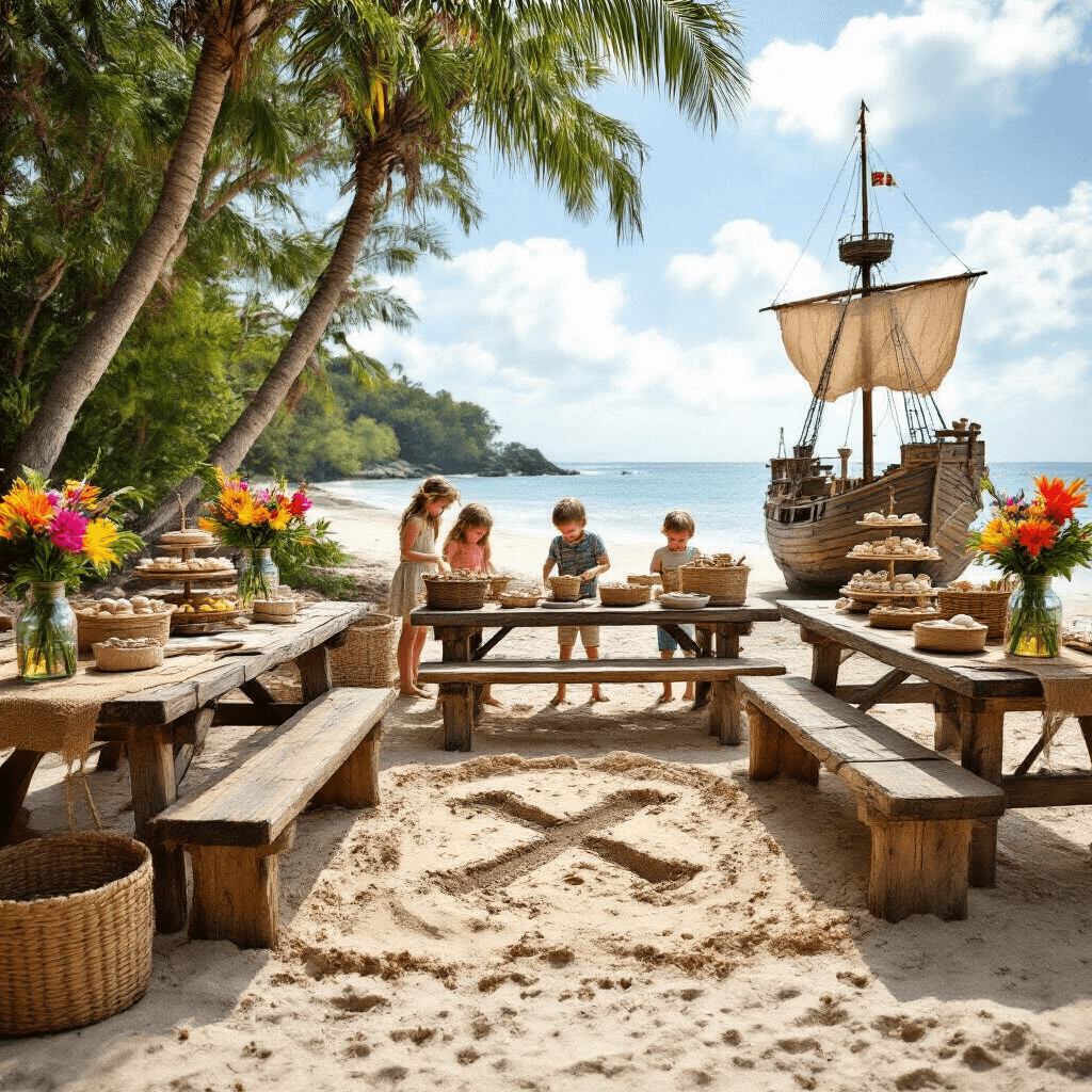 Ultimate Guide to Kids Birthday Party Packages: Creating Memorable Celebrations A charming pirate treasure hunt party on a sandy beach, featuring weathered wooden tables with burlap runners, a central sand sculpture marked with 'X', vibrant tropical flowers in glass bottles, and a dessert station styled like a ship's galley. Children eagerly dig for buried treasure in a designated area, showcasing their excitement.