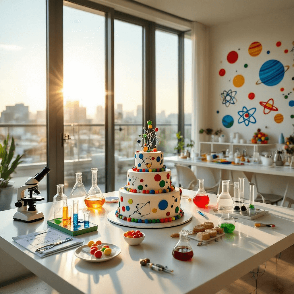 Ultimate Guide to Kids Birthday Party Packages: Creating Memorable Celebrations A vibrant science-themed party in a modern apartment, featuring colorful decals of atoms and planets, hands-on experiment stations with lab equipment, a centerpiece periodic table cake, and molecule-shaped cake pops, all illuminated by late afternoon sunlight.