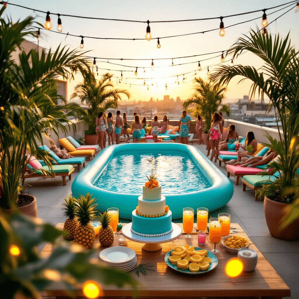 Splash into Fun: The Ultimate Guide to Hosting a Memorable Pool Birthday Party A vibrant rooftop terrace adorned with a turquoise inflatable pool, lush palm trees, and colorful lounge chairs, featuring a stunning dessert table with an ombré blue cake and tropical treats, all illuminated by warm fairy lights during golden hour.