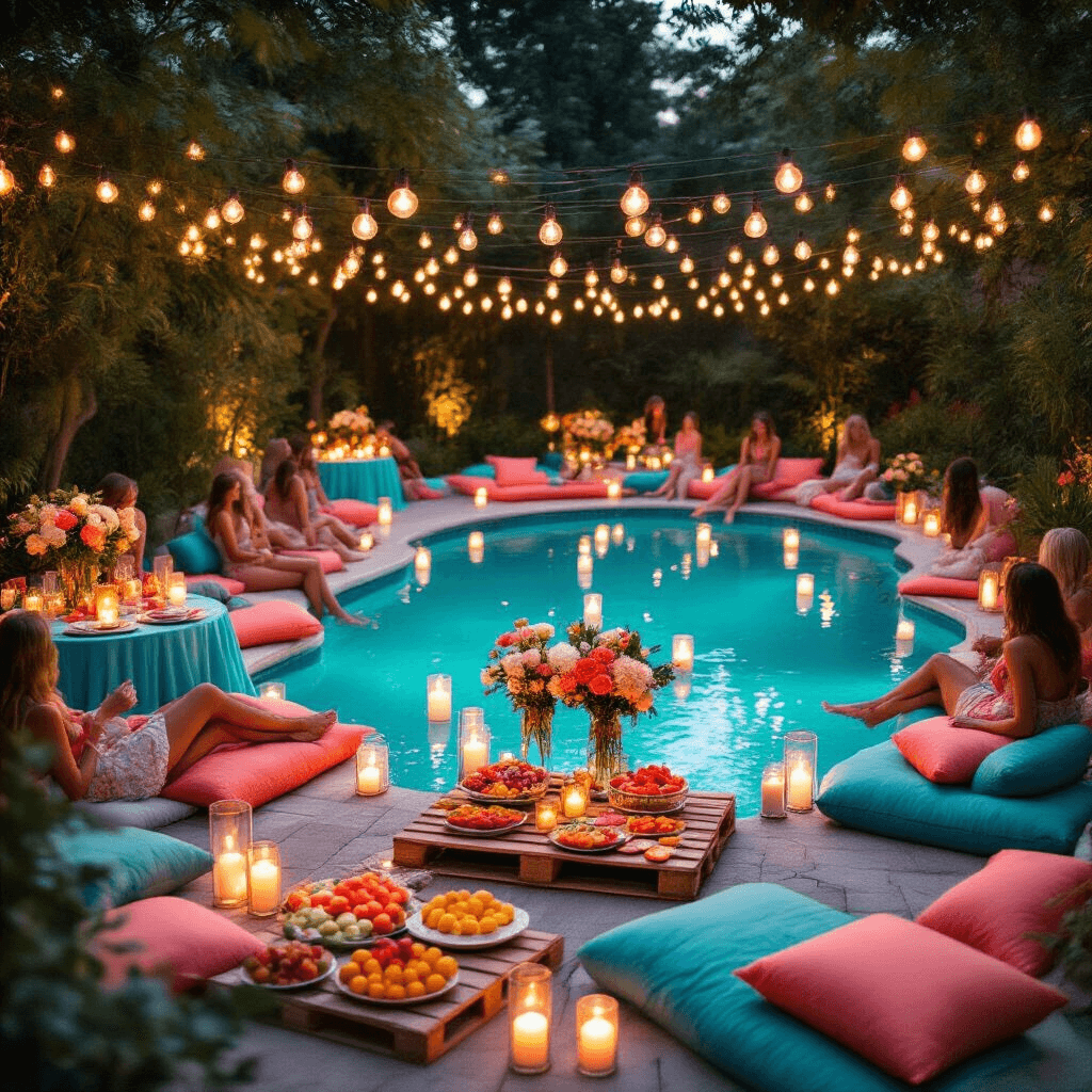 Splash into Fun: The Ultimate Guide to Hosting a Memorable Pool Birthday Party Intimate dusk backyard pool party with floating candles, lanterns, and a wooden pallet of fruits. Round tables with aqua linens and coral flower centerpieces surround the pool, while guests relax on plush daybeds and pillows in coral and teal. Soft bokeh effect enhances the dreamy ambiance.
