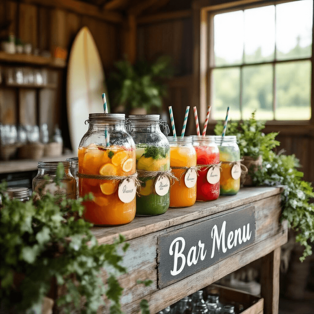 Splash into Fun: The Ultimate Guide to Hosting a Memorable Pool Birthday Party Close-up of a rustic-chic drink station at a barn pool party, featuring a weathered wooden bar cart with colorful fruit-infused waters in glass dispensers, mason jars with striped straws and name tags, a vintage surfboard as a bar menu sign, and lush greenery accentuating the scene.