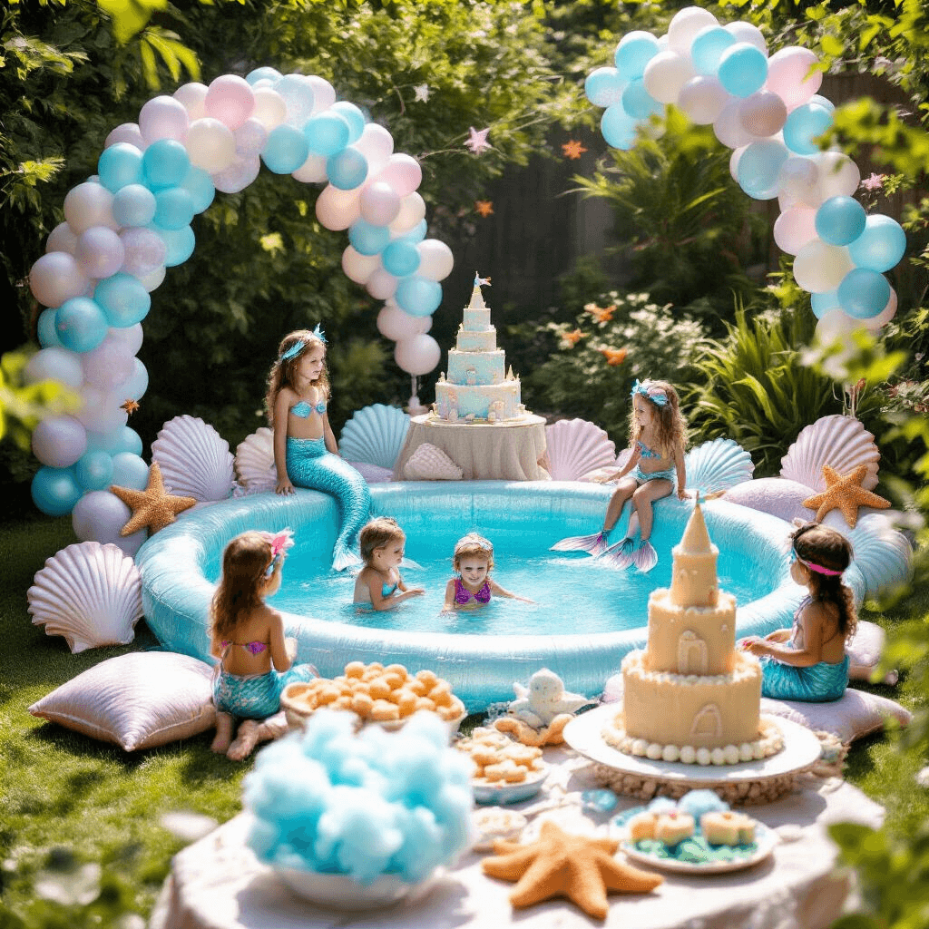 Splash into Fun: The Ultimate Guide to Hosting a Memorable Pool Birthday Party A whimsical children's pool party featuring a 'mermaid lagoon' kiddie pool surrounded by seashell balloons and starfish cushions, with a dessert table adorned with a sandcastle cake, seaweed treats, and cotton candy, as children in mermaid tails and pirate costumes enjoy lawn games, and a bubble machine creates a magical atmosphere.