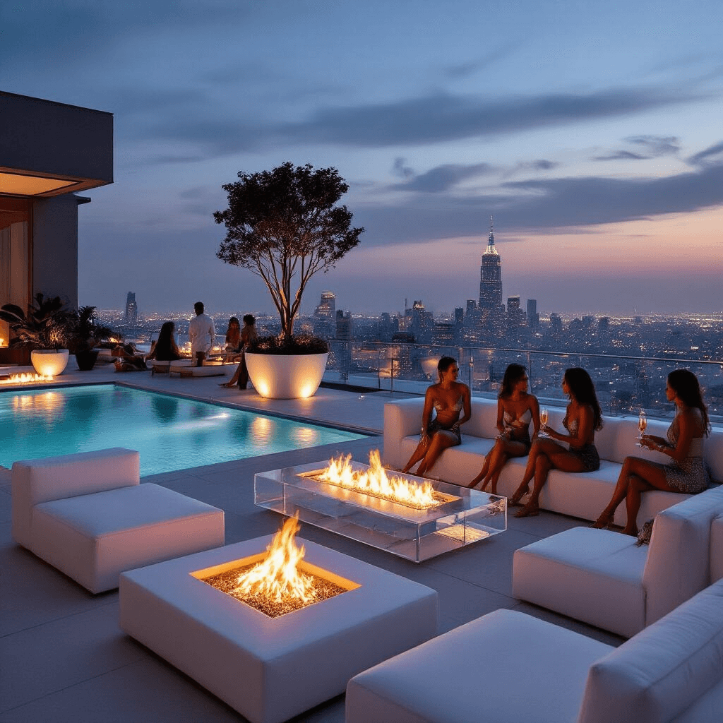 Splash into Fun: The Ultimate Guide to Hosting a Memorable Pool Birthday Party Luxe minimalist adult pool party on a modern apartment terrace at twilight, featuring a sleek infinity pool, low white seating around fire pits, a floating acrylic bar, and guests in elegant resort wear with a city skyline backdrop.