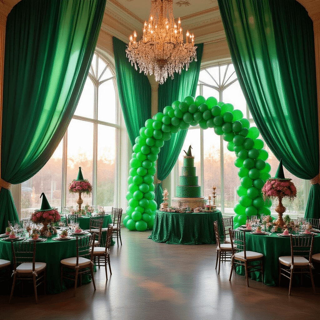 Throwing the Most Magical *Wicked* Themed Birthday Party: A Complete Guide A grand ballroom transformed into the Emerald City for a Wicked-themed birthday party, featuring emerald drapes, witch hat centerpieces, a green balloon arch, fairy lights, and an ornate dessert table with an emerald cake and themed treats.