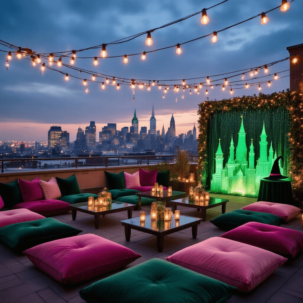 Throwing the Most Magical *Wicked* Themed Birthday Party: A Complete Guide An enchanting rooftop terrace at twilight, adorned with string lights overhead, plush velvet cushions in emerald and blush, miniature Emerald City centerpieces, and a green sequin photo booth setup, with a twinkling city skyline in the background.