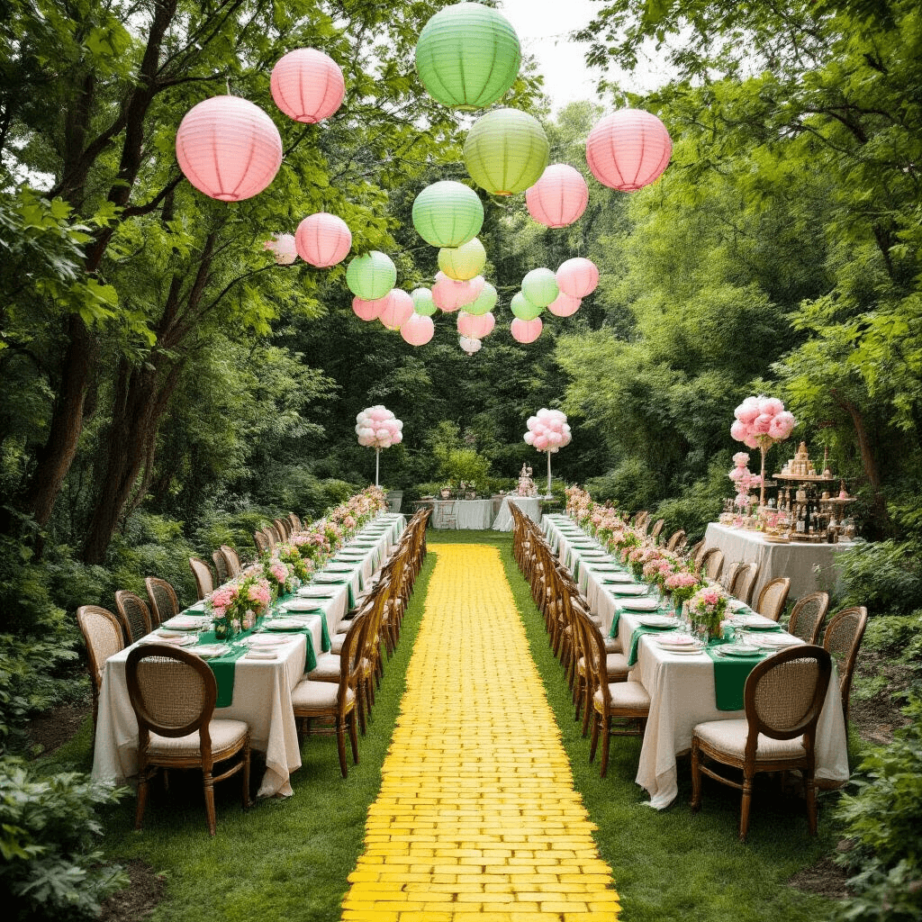 Throwing the Most Magical *Wicked* Themed Birthday Party: A Complete Guide A whimsical garden party inspired by the Land of Oz, featuring lush greenery, long farmhouse tables with ivory linens and emerald runners, mismatched vintage chairs with pink flower posies, paper lanterns, a golden sequin 'Yellow Brick Road', and activity stations like a cotton candy stand and a potion drink bar, captured in a drone shot.