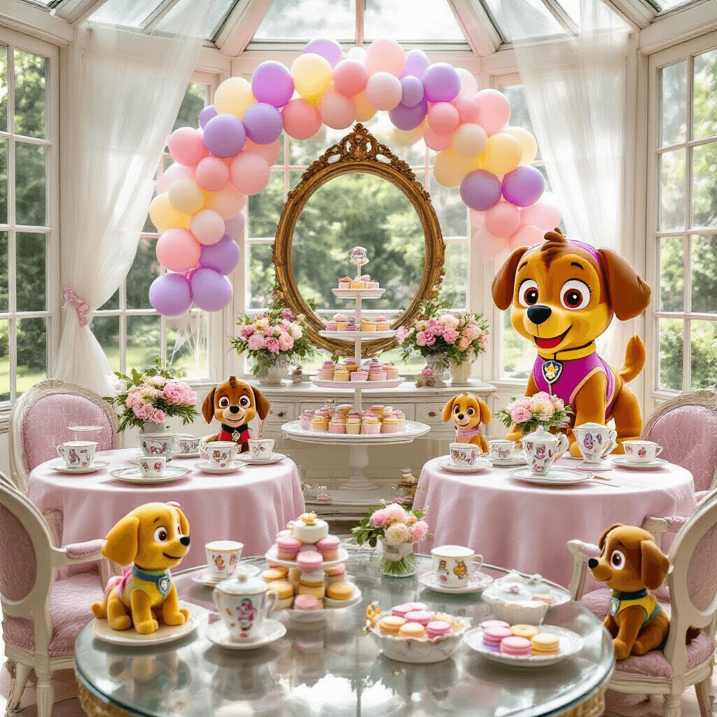 Creating the Ultimate PAW Patrol Balloon Bash: A Parent's Dream Guide An elegant PAW Patrol tea party in a sunlit garden conservatory, featuring glass tables with pastel linens, fine china depicting pup portraits, and centerpieces of fresh flowers with character balloons. A soft pink balloon garland frames an ornate mirror, while a vintage cart displays a tiered stand of 'pupcakes' and macarons. Plush toy pups sit in miniature chairs, and a life-sized Skye balloon stands at the entrance, all under sheer drapery and crystal chandeliers.