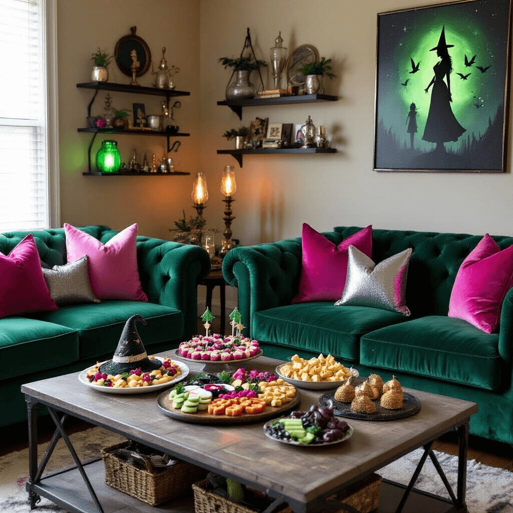 Throwing the Most Magical *Wicked* Themed Birthday Party: A Complete Guide A cozy living room featuring emerald green velvet couches with pink and silver throw pillows, a 'Defying Gravity' themed charcuterie board, Emerald City-inspired artwork, and soft green Edison bulb lighting, all set for an intimate Wicked viewing party.