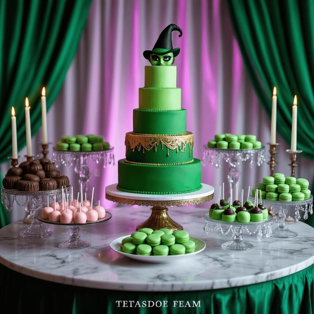Throwing the Most Magical *Wicked* Themed Birthday Party: A Complete Guide A close-up of a dramatic dessert table featuring a towering emerald and gold ombré cake at the center, surrounded by themed treats like chocolate mousses shaped like Elphaba's hat, cake pops resembling Glinda's wand, and swirled green and pink macarons. Crystal cake stands of varying heights enhance the luxurious display, with a backdrop of cascading green fabric and flickering green flame candles adding an enchanting ambiance.