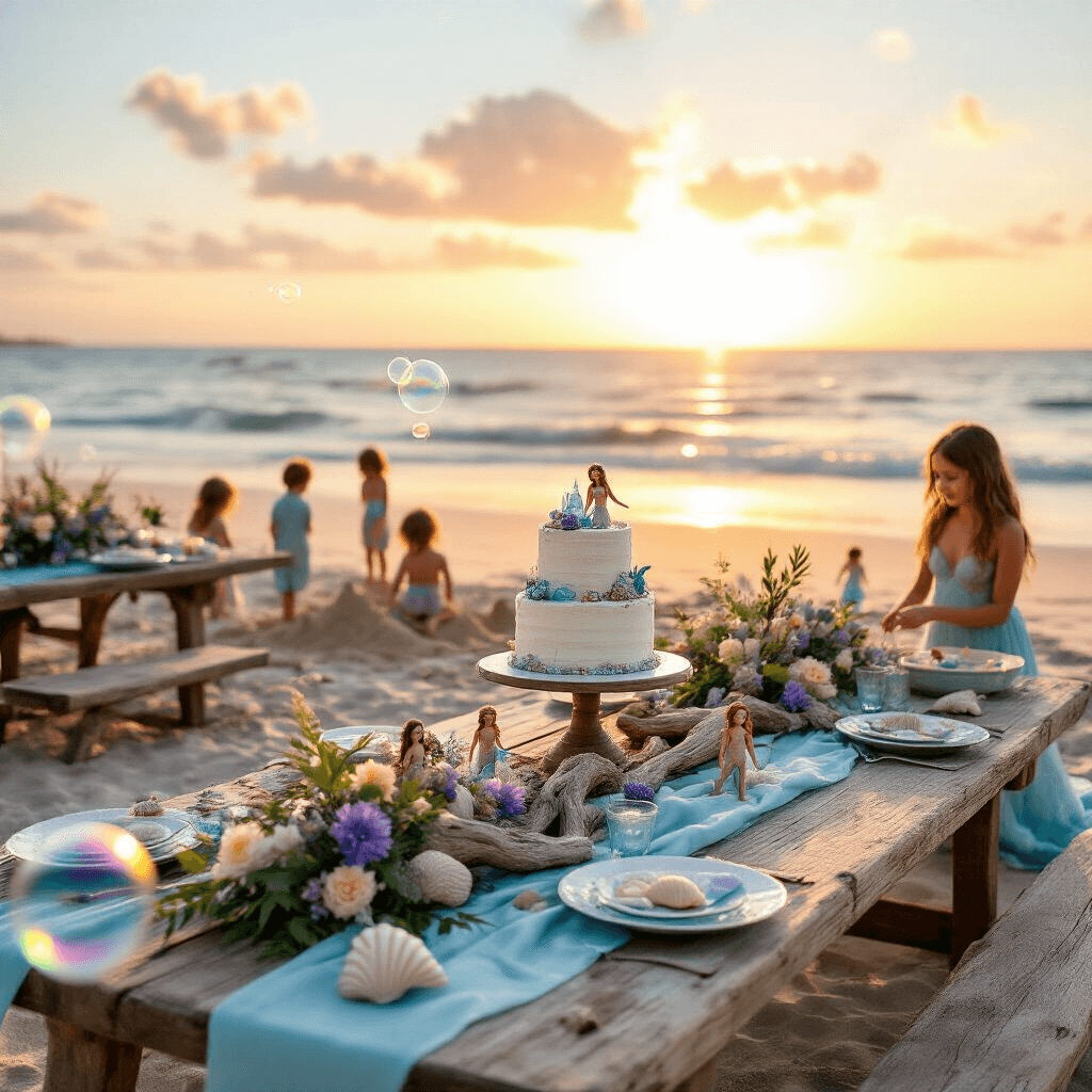 Magical Mermaid Birthday Party: Your Ultimate Guide to an Underwater Celebration A serene beachfront mermaid party at golden hour, featuring weathered wood tables with ombre blue linens, driftwood and sea glass centerpieces, a dessert cart with a naked cake decorated with edible shells, children playing in the sand, and iridescent bubbles floating in the warm sunlight.