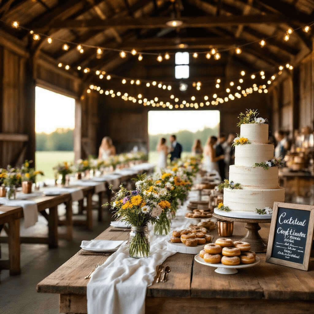 Delicious Birthday Party Food Ideas: The Ultimate Guide to Crowd-Pleasing Treats A beautifully decorated rustic barn for a birthday celebration, featuring elegant wooden tables with white linens, wildflower centerpieces, string lights, a dessert station with a naked cake and donuts, and a DIY cocktail bar amidst charming burlap and chalkboard accents, all bathed in soft golden hour light.