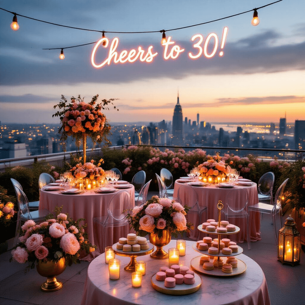 Delicious Birthday Party Food Ideas: The Ultimate Guide to Crowd-Pleasing Treats Overhead view of an intimate rooftop birthday soirΓ©e at dusk, featuring blush silk-draped round tables with ghost chairs, gold compotes filled with peonies and garden roses, fairy lights, lanterns, a dessert cart with macarons and petit fours, champagne flutes, and a neon sign that reads 'Cheers to 30!'.