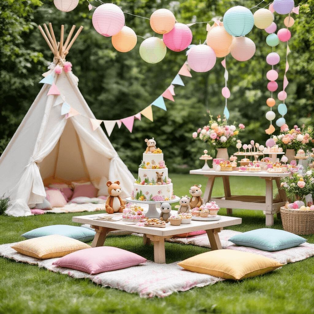 Delicious Birthday Party Food Ideas: The Ultimate Guide to Crowd-Pleasing Treats A colorful picnic setup for a child's birthday party in a lush garden, featuring low tables, floor cushions, teepee tents with sheer fabrics, a dessert table with a tiered woodland-themed cake and toadstool cake pops, paper lanterns, pastel balloon garlands, and a DIY flower crown station with fresh blooms and ribbons.