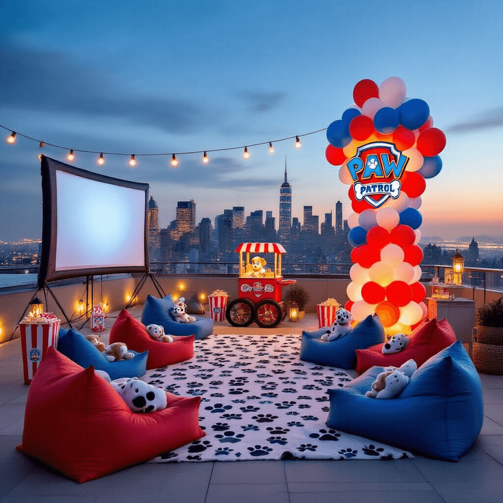 Creating the Ultimate PAW Patrol Balloon Bash: A Parent's Dream Guide A rooftop terrace movie night scene featuring a giant inflatable screen, colorful balloon decor, cozy seating with paw print blankets, a popcorn cart, a candy station, character balloons, and a themed photo booth with a 'Lookout Tower' backdrop, highlighted by a grand balloon sculpture of the PAW Patrol logo.