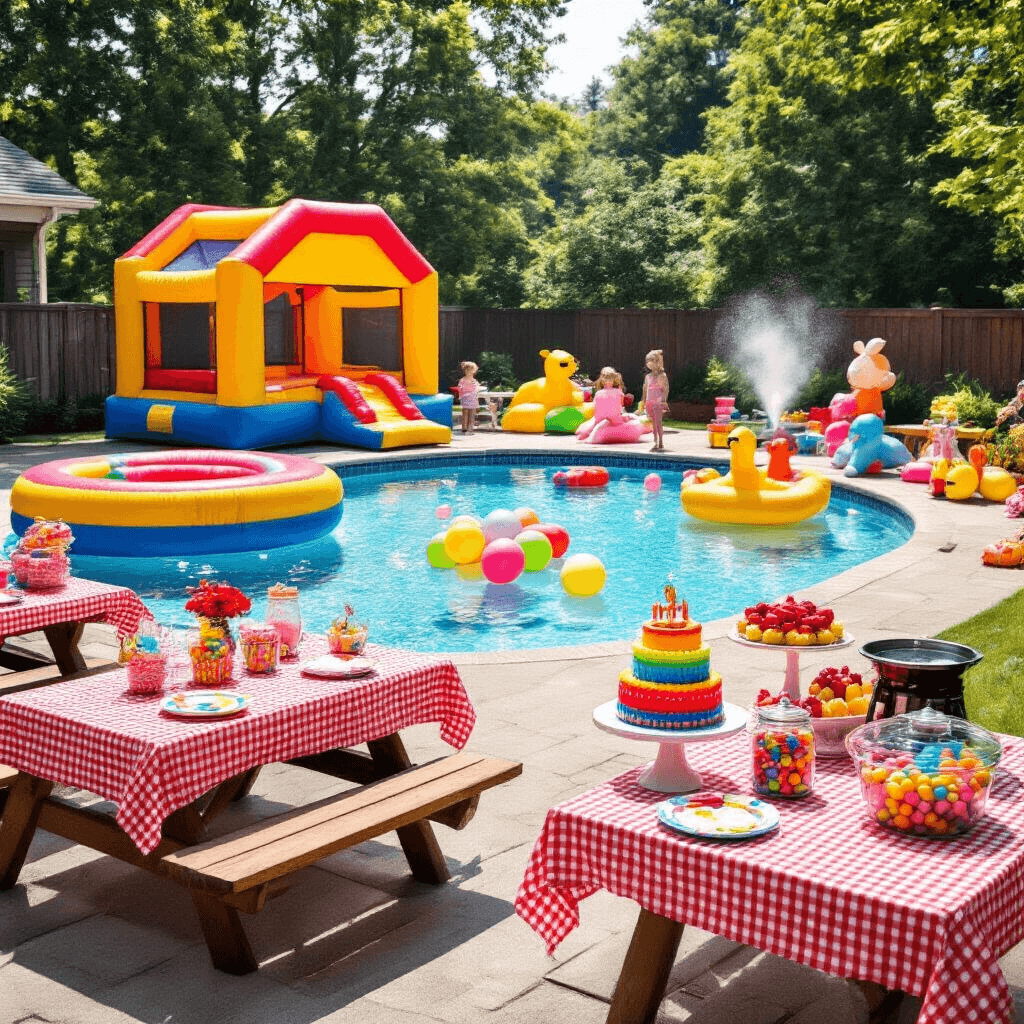 Delicious Birthday Party Food Ideas: The Ultimate Guide to Crowd-Pleasing Treats A vibrant backyard birthday party for kids featuring a bounce house, giant lawn games, red gingham picnic tables, a sparkling pool with floating balloons and inflatable animals, a colorful dessert station, and a face painting area, all under the warm sun.