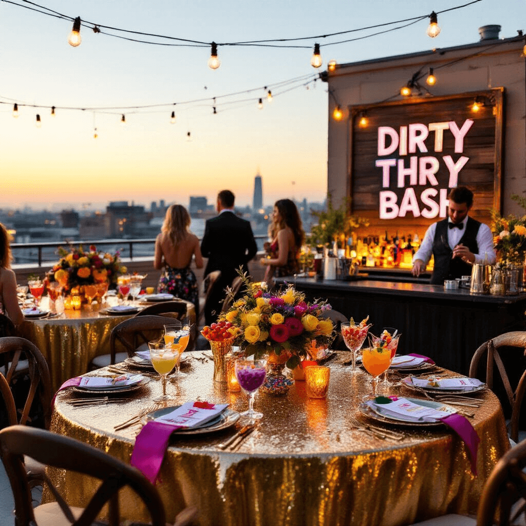 🎉 30th Birthday Bash: The Ultimate Guide to Throwing an Unforgettable Party A vibrant rooftop terrace party for a 'Dirty Thirty Bash' at golden hour, featuring gold-draped tables with candy-filled cocktail glasses, a naughty birthday sash on an ornate chair, a rustic photo display, and guests in sequins and bold colors, with fairy lights and a bartender crafting drinks.