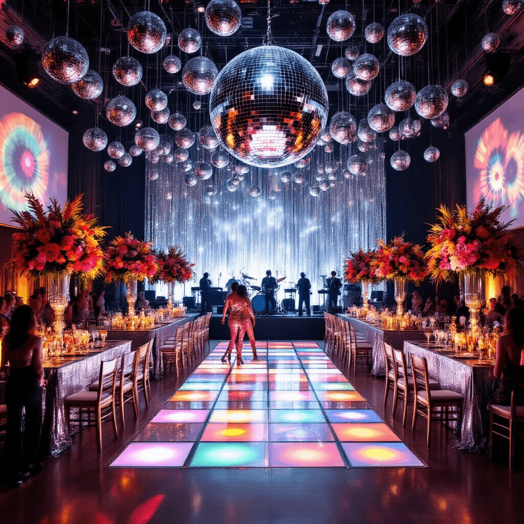 🎉 30th Birthday Bash: The Ultimate Guide to Throwing an Unforgettable Party A vibrant disco-themed ballroom filled with guests in sequined outfits dancing on a light-up floor, under a massive disco ball and surrounded by colorful floral arrangements and retro bars.