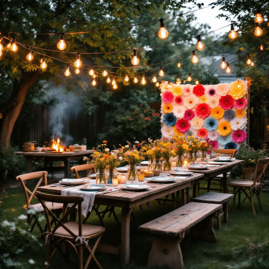 🎉 30th Birthday Bash: The Ultimate Guide to Throwing an Unforgettable Party A cozy backyard celebration at twilight, featuring mismatched vintage tables with eclectic china, mason jar wildflower centerpieces, and Edison bulb lighting. A handmade photo backdrop of ombré crepe paper flowers stands nearby, while a potluck feast is arranged on rustic wooden boards. Lawn games and a fire pit enhance the festive atmosphere, complemented by handwritten chalkboard signs.