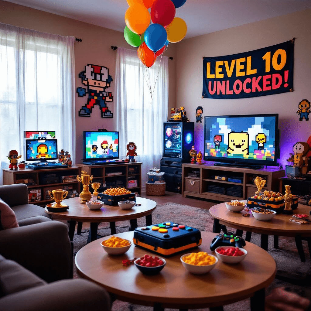 10-Year-Old Birthday Party Ideas: Creating Unforgettable Memories A vibrant gaming-themed birthday party for a 10-year-old in a cozy living room with multiple gaming stations, a large flatscreen TV surrounded by pixel art decorations, and colorful LED-lit consoles. Round tables with game controller centerpieces and bowls of snacks, a 'Level 10 Unlocked!' banner overhead, bold primary color balloons, and a giant game controller-shaped birthday cake on a side table with mini trophies and gaming memorabilia.