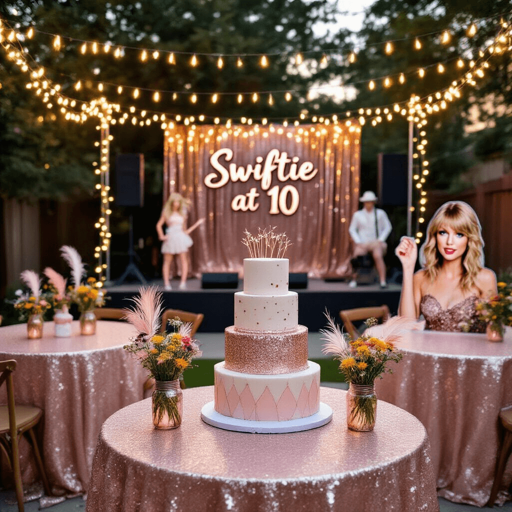10-Year-Old Birthday Party Ideas: Creating Unforgettable Memories A stylish backyard birthday celebration for a 10-year-old, inspired by Taylor Swift, featuring a small stage with a glittering backdrop reading 'Swiftie at 10', warm fairy lights overhead, sequined blush tablecloths, wildflower centerpieces, a DIY photo booth with a Taylor cutout, and a tiered cake decorated with edible guitar picks and musical notes.