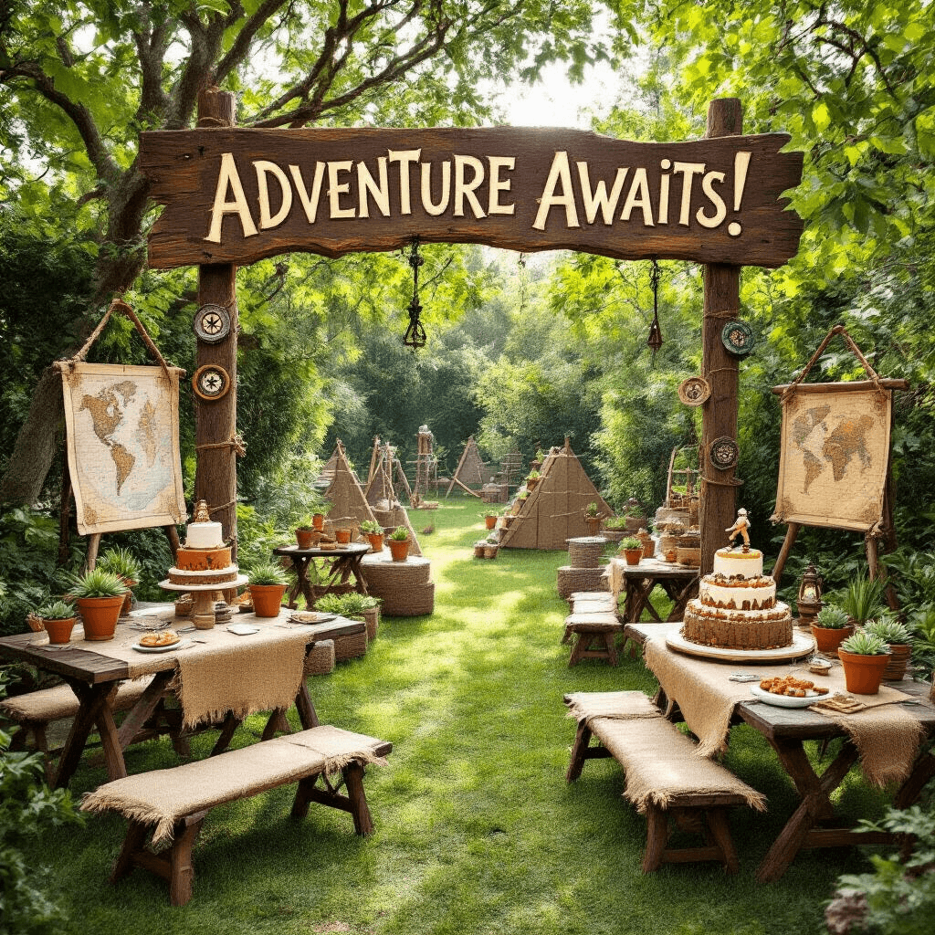 10-Year-Old Birthday Party Ideas: Creating Unforgettable Memories An adventurous outdoor birthday party for a 10-year-old in a lush garden, featuring a rustic wooden sign that reads 'Adventure Awaits!', an intricate obstacle course, explorer-themed stations with vintage maps and compasses, picnic-style seating with burlap runners, a dessert cart with a mountain cake, and a scavenger hunt board with clues on parchment-style paper.