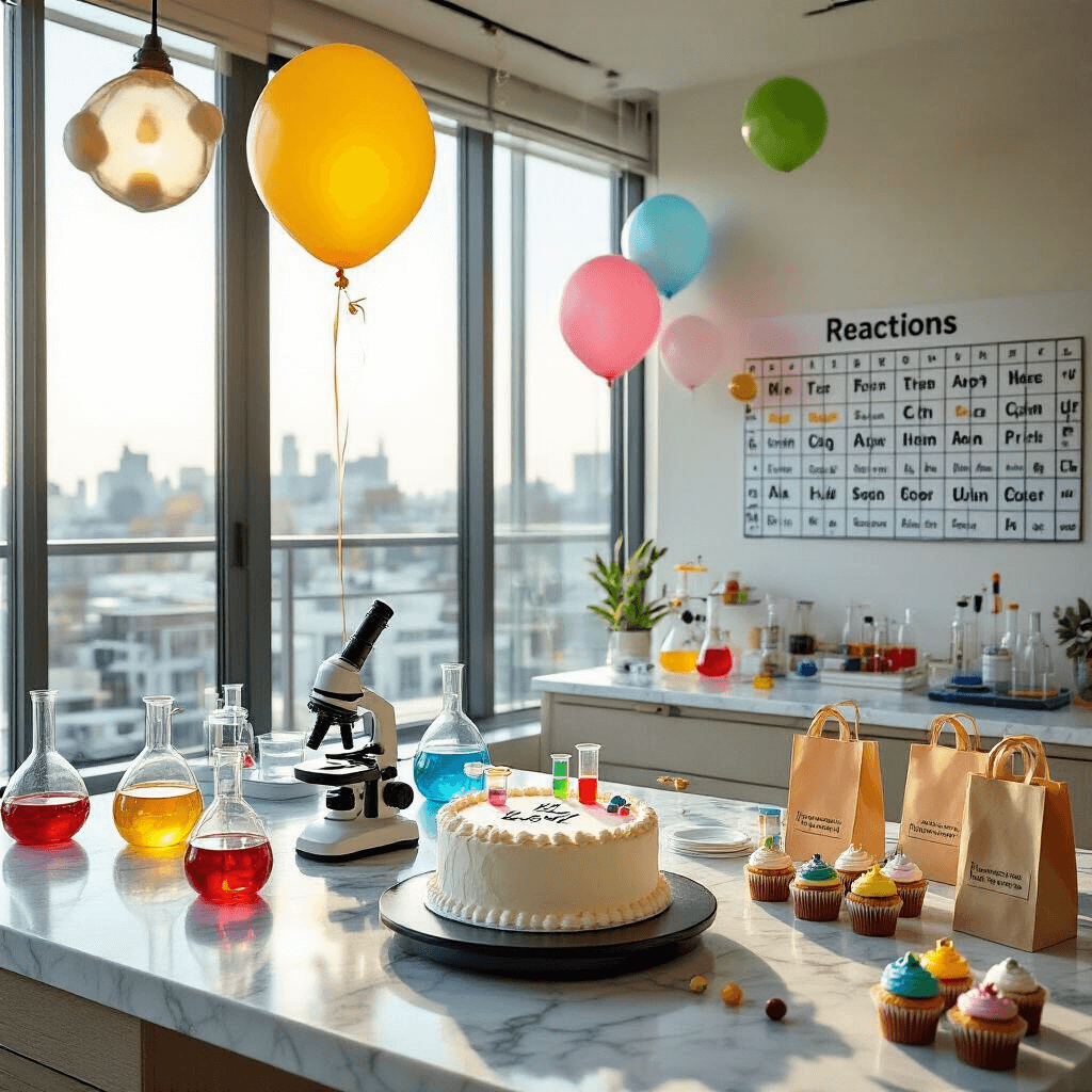 10-Year-Old Birthday Party Ideas: Creating Unforgettable Memories A whimsical science-themed birthday party for a 10-year-old in a modern apartment with marble workstations, microscopes, and colorful liquids; helium molecule-shaped balloons float above, a periodic table backdrop decorates the wall, and a lab notebook cake is surrounded by element-themed cupcakes, while goodie bags resembling lab coats contain experiment kits.