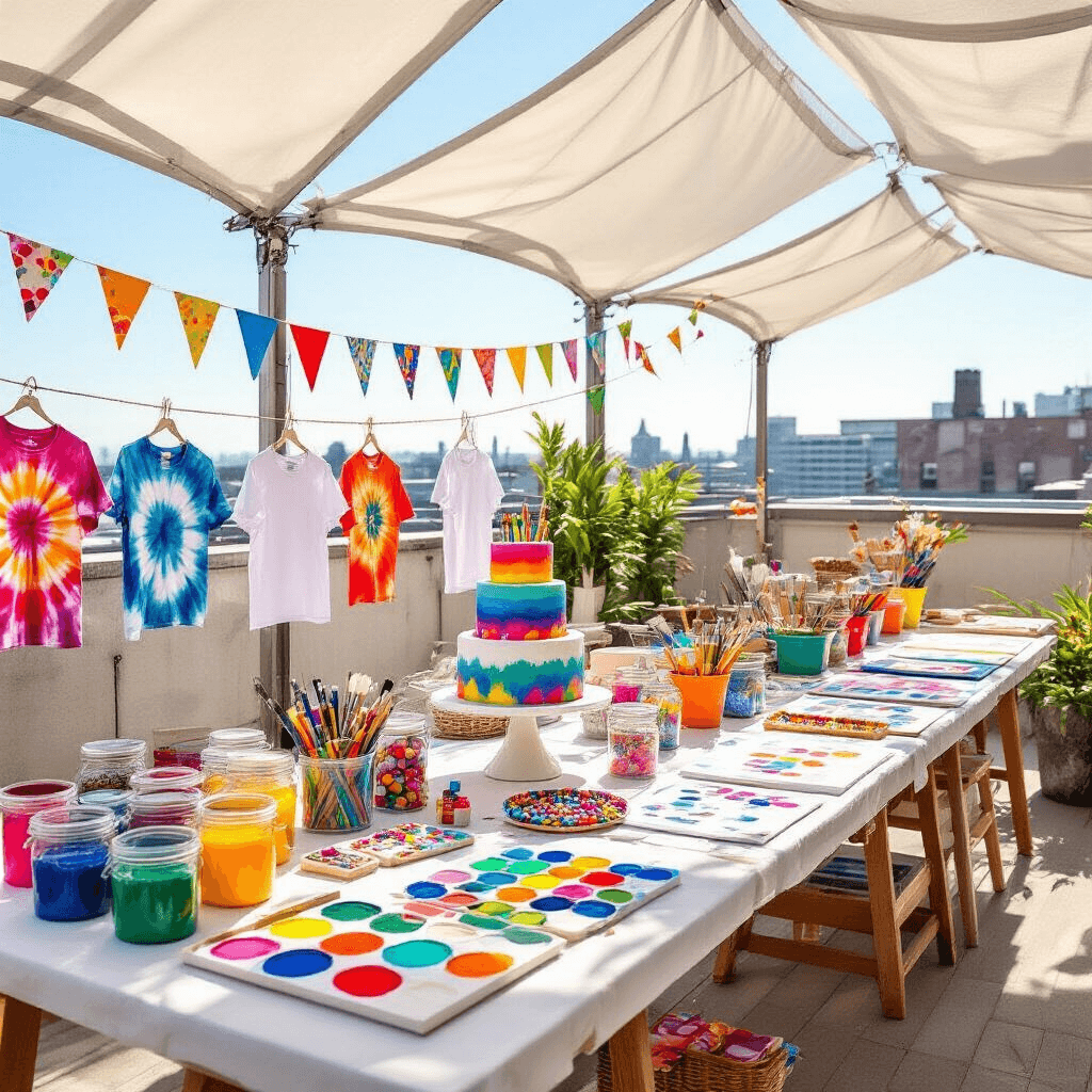 10-Year-Old Birthday Party Ideas: Creating Unforgettable Memories An artistic rooftop birthday celebration for a 10-year-old features bright canopies over various craft stations, including tie-dye, jewelry-making, and t-shirt design. A three-tiered cake shaped like a paint palette sits amidst paintbrush cookies, while colorful bunting and potted plants decorate the space.