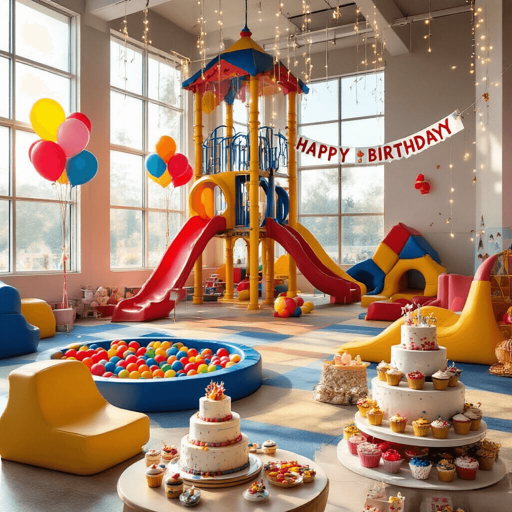 Ultimate Guide to Unforgettable Kids' Birthday Party Venues A vibrant indoor playground at Peek-a-Boo Factory filled with primary colors, featuring a towering jungle gym, a colorful ball pit, and a toddler area. Soft morning light floods the space, adorned with oversized balloons and fairy lights. In the foreground, a dessert cart showcases a tiered birthday cake, cupcakes, and party favors.
