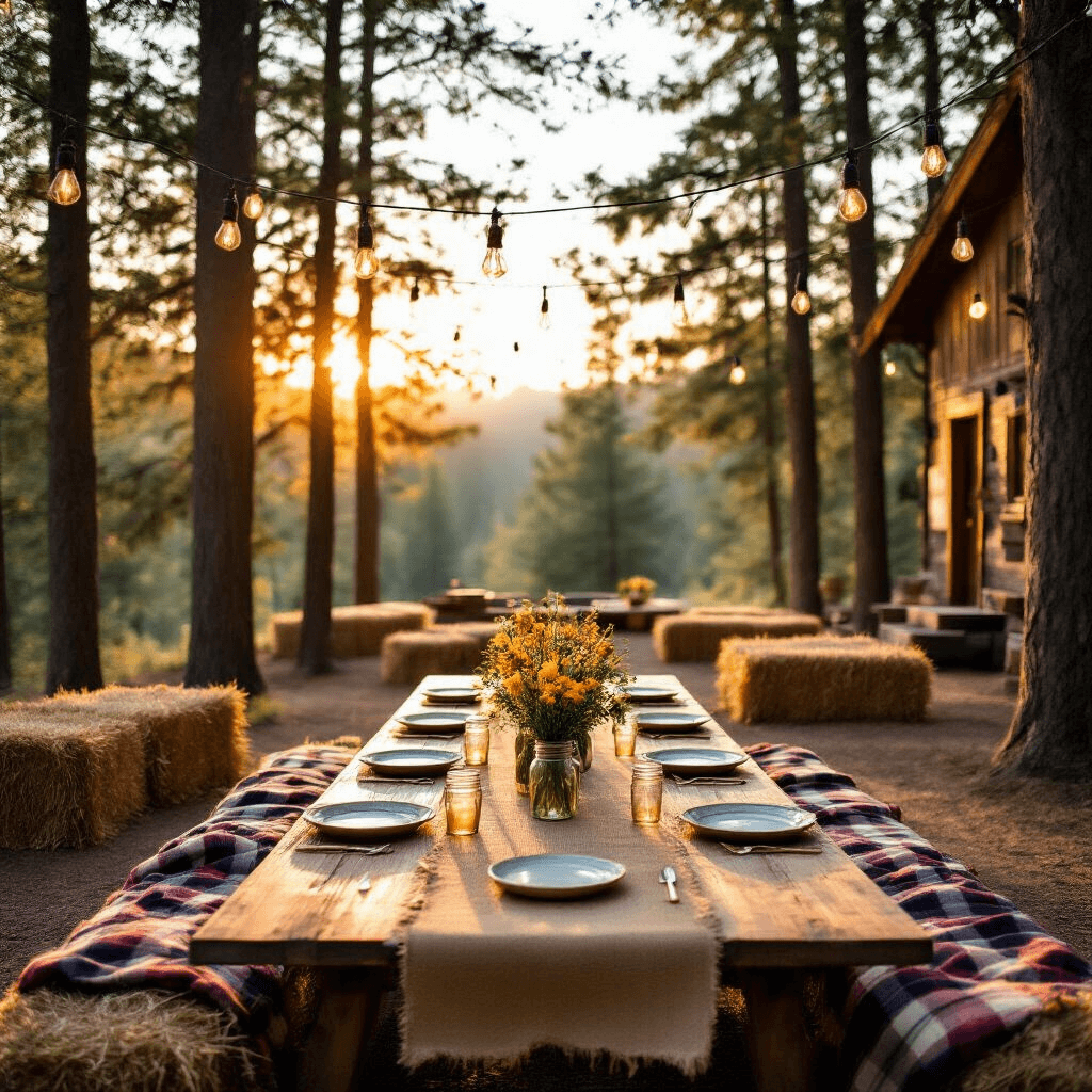 Ultimate Guide to Unforgettable Kids' Birthday Party Venues An outdoor adventure scene at Butter and Egg Adventures during golden hour, featuring a rustic wooden platform with a long farmhouse table adorned with wildflower centerpieces, burlap runner, and enamel plate settings. Surrounded by cozy hay bale seating with plaid blankets, illuminated by Edison bulbs strung between tall pine trees, with a zip line and climbing wall in the background, all in earthy tones of green, brown, and yellow.