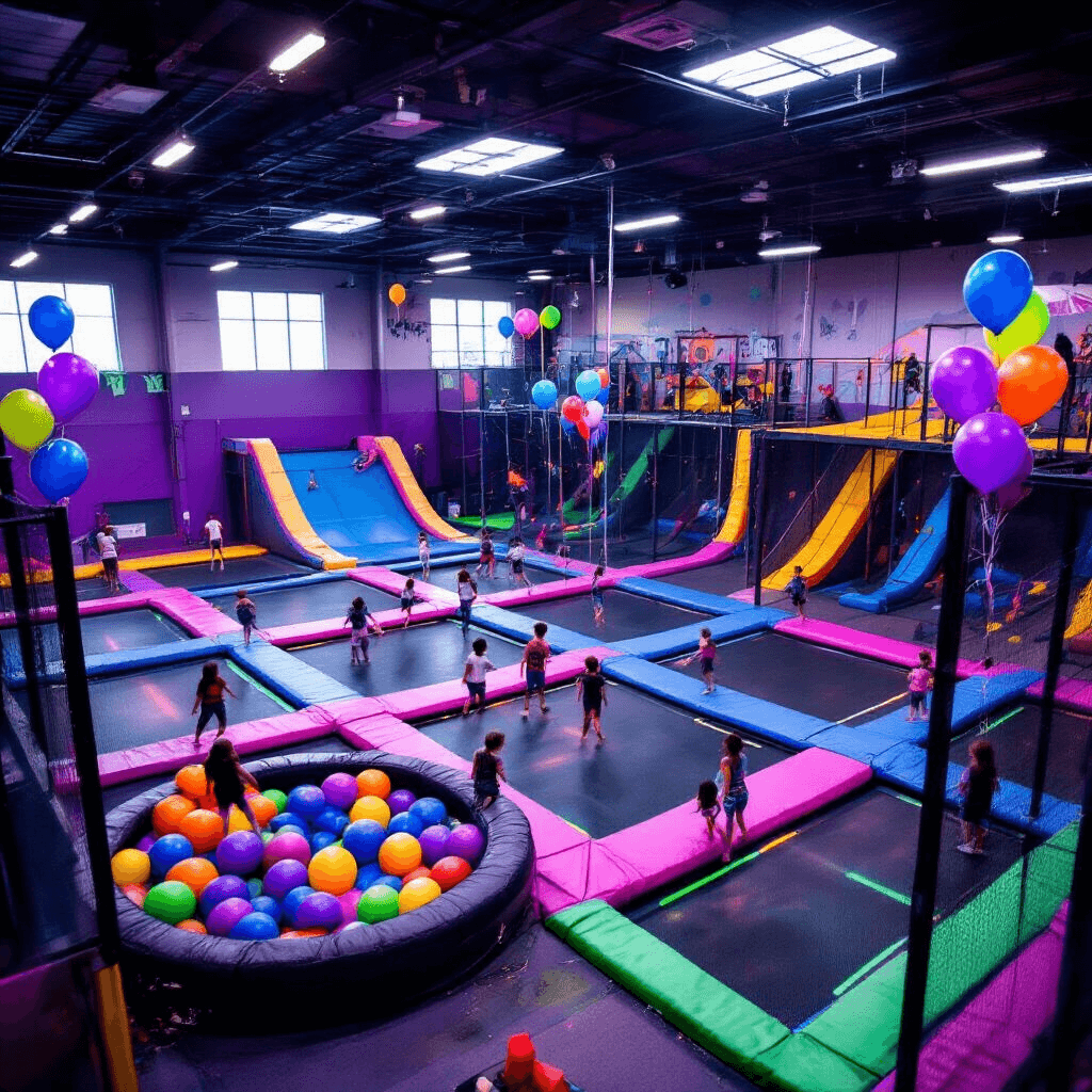 Ultimate Guide to Unforgettable Kids' Birthday Party Venues A vibrant birthday party at Urban Air Adventure Park, featuring children jumping on trampolines, surrounded by colorful LED lights, foam pits, and a rock climbing wall, with festive decorations and a modern party area in the corner.