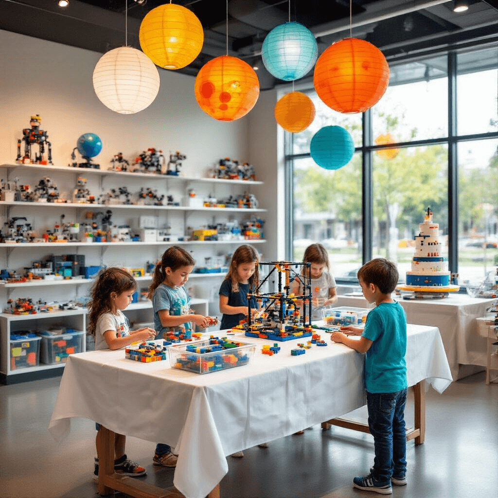 Ultimate Guide to Unforgettable Kids' Birthday Party Venues Children engaged in building LEGO structures at a bright, airy STEM-themed celebration in a Snapology venue, featuring colorful LEGO pieces, molecule and planet-shaped paper lanterns, and a dessert station with a circuit board cake.