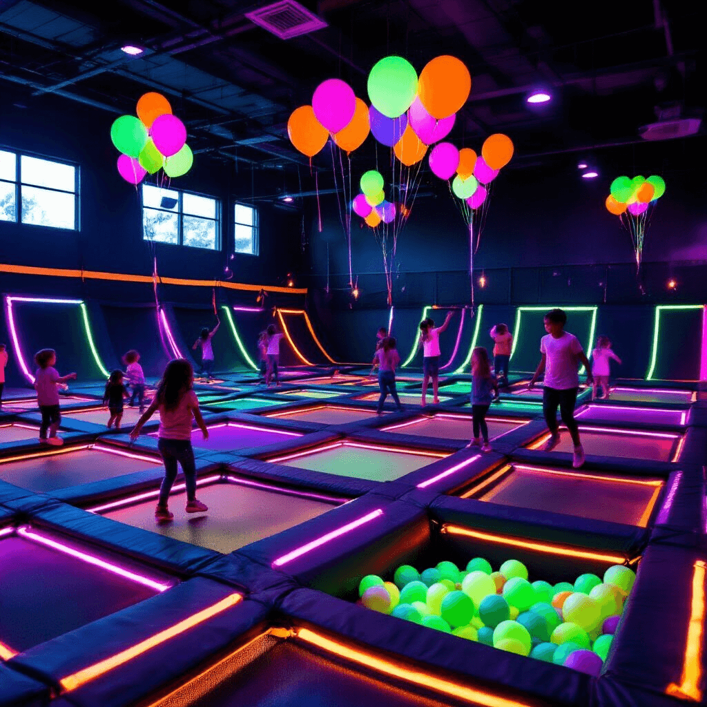 Ultimate Guide to Unforgettable Kids' Birthday Party Venues A vibrant birthday celebration at Sky Zone Trampoline Park during twilight, illuminated by black light with neon colors. Children bounce joyfully on glowing trampolines outlined with tape, while a foam pit glows ethereally in one corner. Clusters of glow-in-the-dark balloons float above, and tables with fluorescent tablecloths feature light-up partyware. A dramatic birthday cake with sparklers sits on a lit pedestal, captured in a dynamic fish-eye perspective.