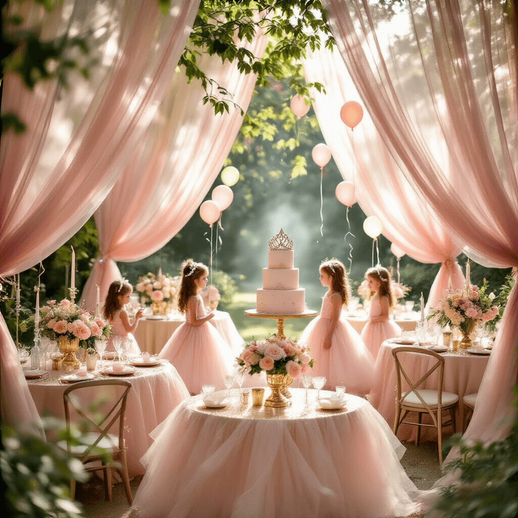 🎉 3rd Birthday Party Ideas for Girls: Magical Themes to Delight & Inspire! A whimsical princess-themed birthday party in a sunlit garden, featuring pink and gold drapes, round tables with blush tulle and gold sequin runners, delicate flower centerpieces, a grand tiara-shaped cake, and children in sparkling dresses amidst balloons and ribbons, all under soft, dappled sunlight.