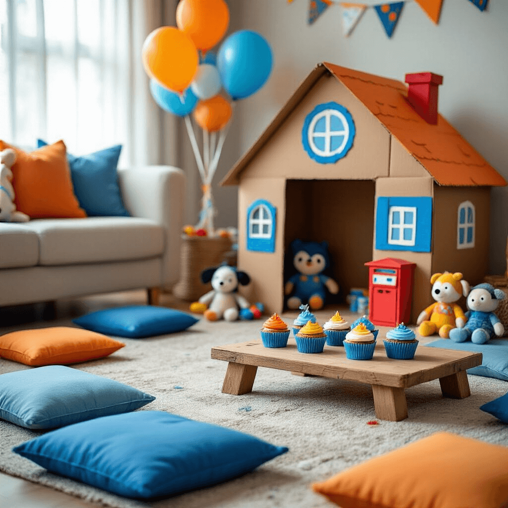 🎉 3rd Birthday Party Ideas for Girls: Magical Themes to Delight & Inspire! A cozy living room decorated for a Bluey-inspired birthday party, featuring a handmade cardboard 'Bluey's house,' colorful floor cushions, Bluey-themed cupcakes, stuffed toys, and balloons, all under warm lighting.