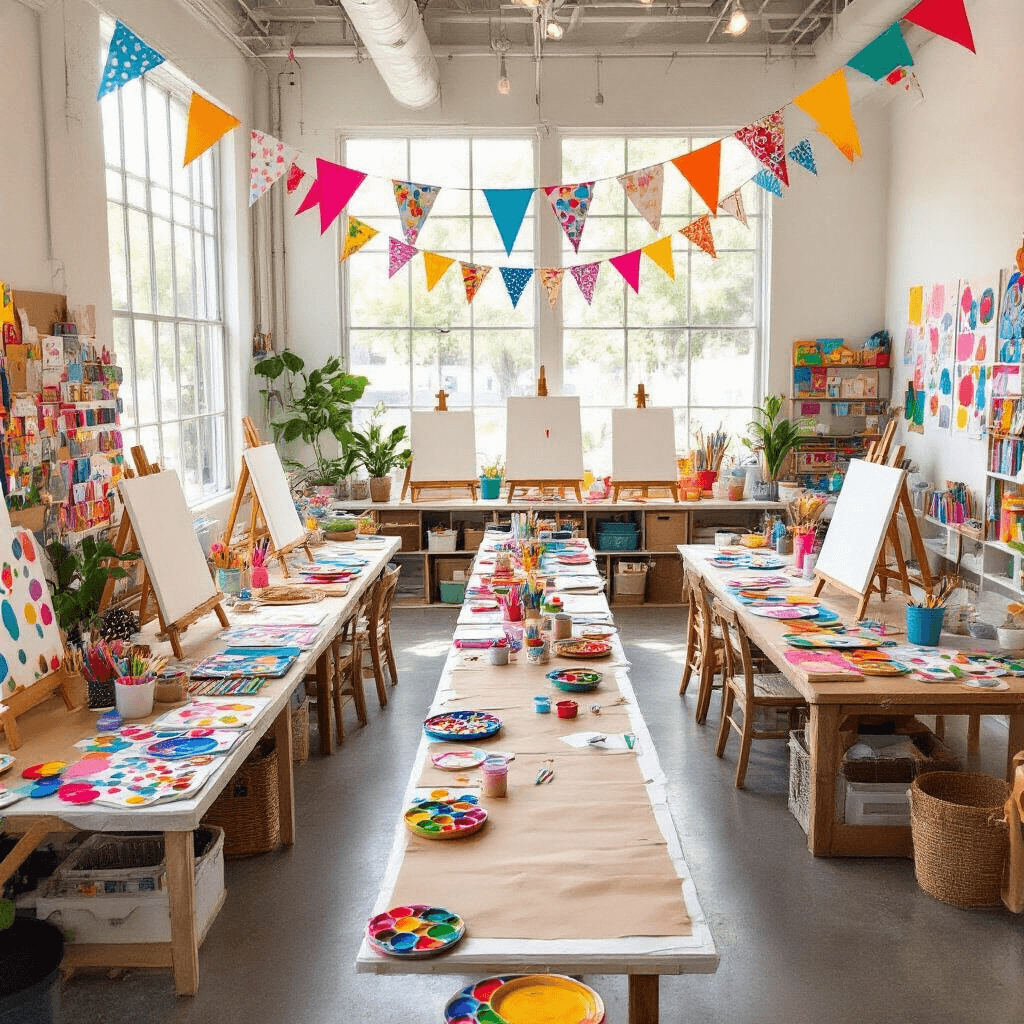 🎉 3rd Birthday Party Ideas for Girls: Magical Themes to Delight & Inspire! Overhead shot of a vibrant craft party in a modern studio, featuring colorful activity stations with paint, glitter, and paper, pint-sized easels with blank canvases, a long table with crayons and stickers, and children's artwork bunting across the ceiling, all illuminated by natural light.