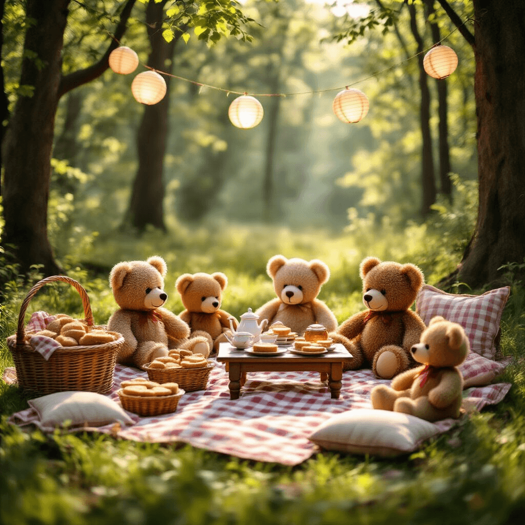 🎉 3rd Birthday Party Ideas for Girls: Magical Themes to Delight & Inspire! An enchanting teddy bear picnic in a sun-dappled forest clearing, featuring checkered blankets, wicker baskets filled with teddy-bear shaped sandwiches and honey pots, strings of paper lanterns, a vintage tea set on a low wooden table, plush cushions, and well-loved teddy bears, all bathed in warm golden hour light.