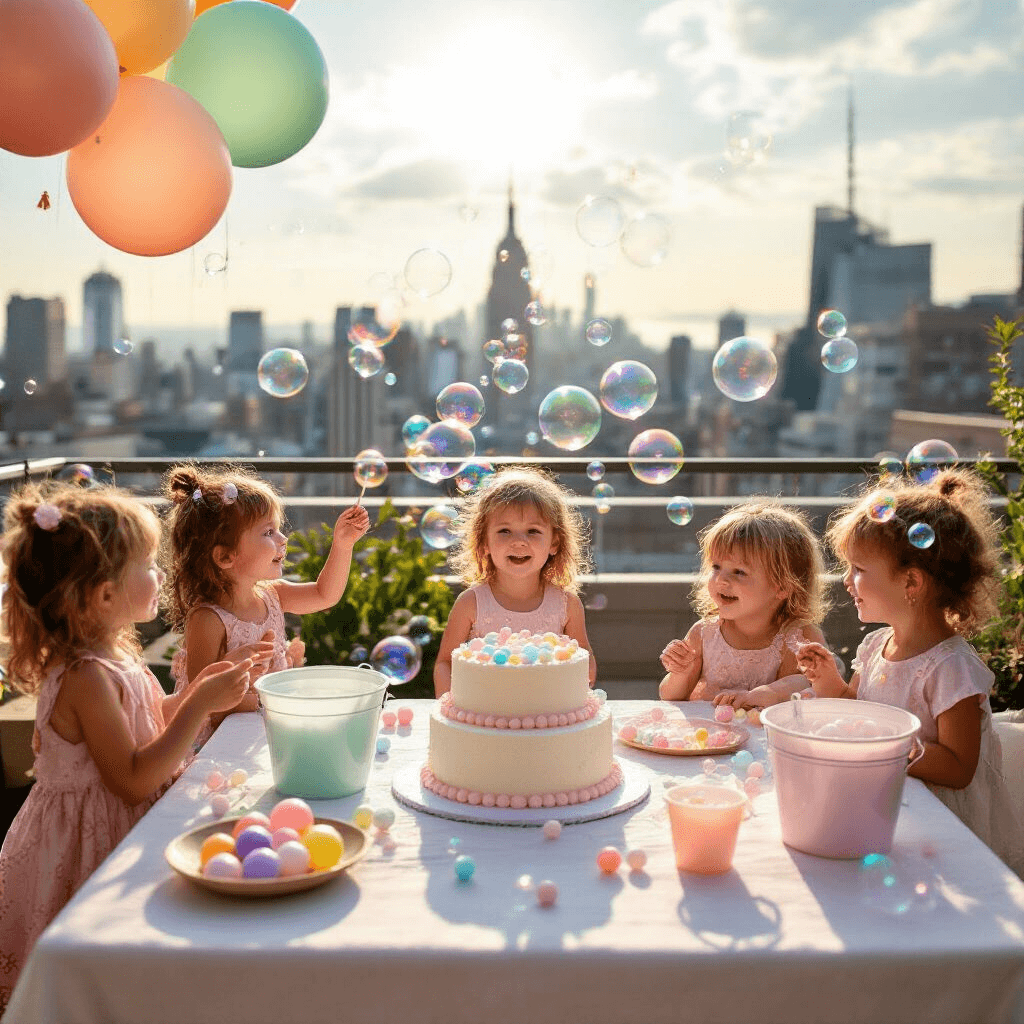 🎉 3rd Birthday Party Ideas for Girls: Magical Themes to Delight & Inspire! A vibrant rooftop terrace transformed into a bubble wonderland, featuring DIY bubble stations, clusters of pearlescent balloons, a simple bubble-themed cake on a white table, and children joyfully chasing bubbles in the late afternoon light.